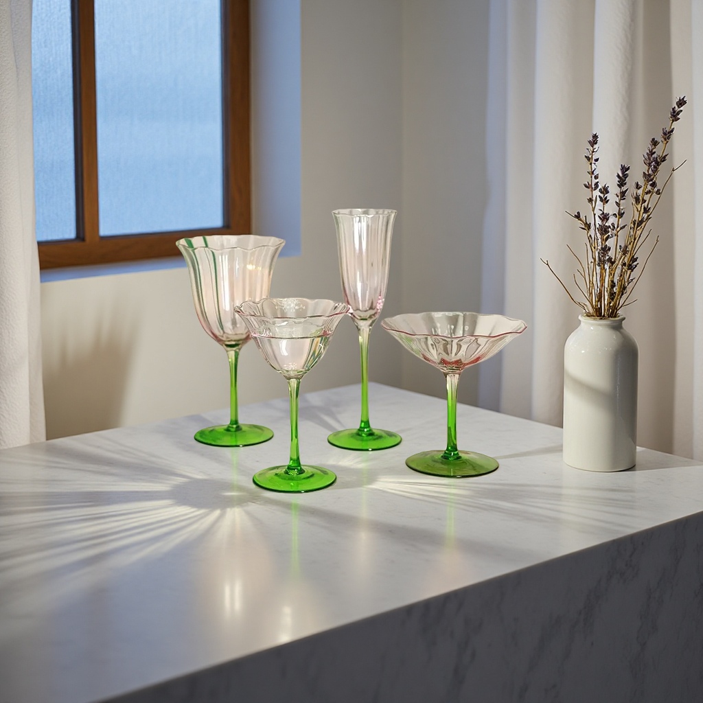 Набор стеклянных чашек с зелёным основанием оптом из Китая — фотография 3