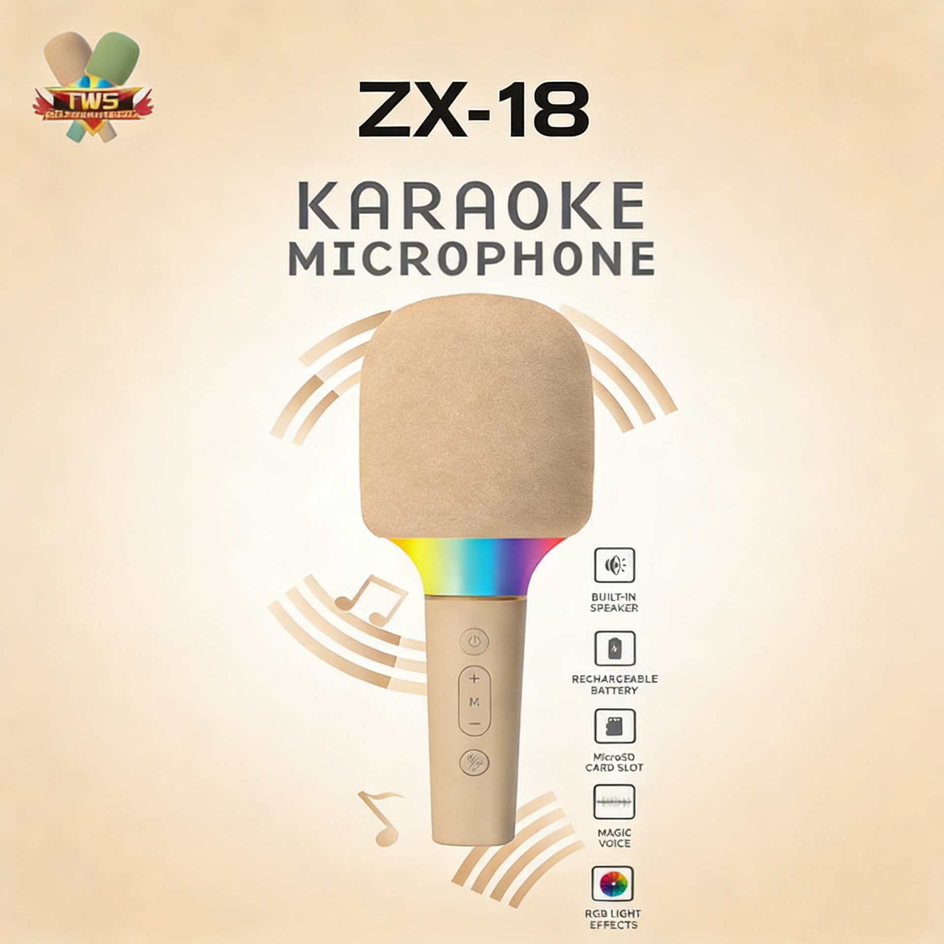 Микрофон-колонка K12 с RGB-подсветкой бежевый оптом из Китая — фотография 2