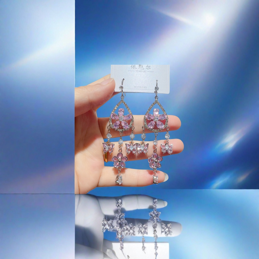 Серьги с розовыми цветами и бабочками оптом из Китая — фотография 3