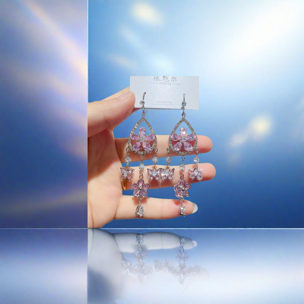 Серьги с розовыми цветами и бабочками оптом из Китая — фотография 4