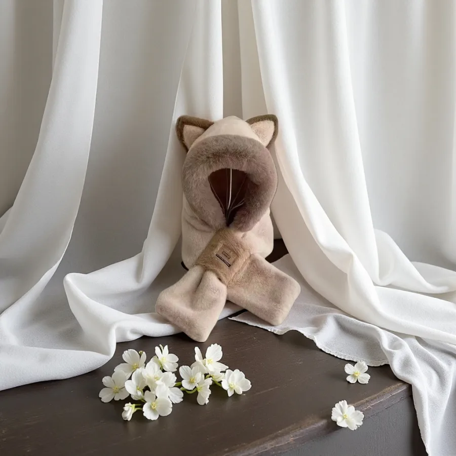 Капор плюшевый с кошачьими ушками бежевый оптом из Китая — фотография 2