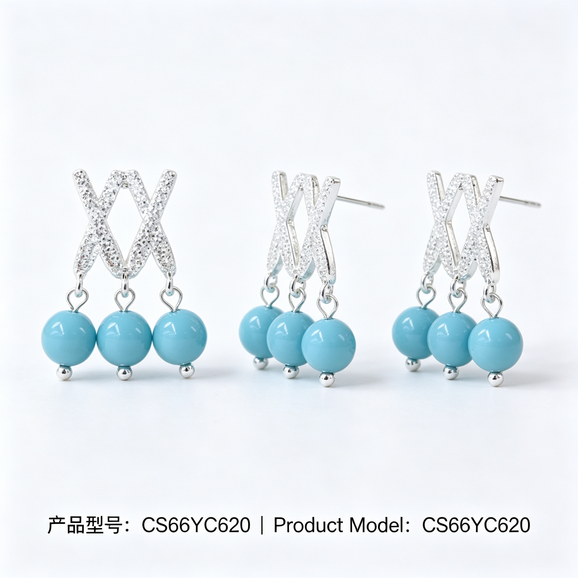 Серьги серебристые с голубыми бусинами оптом из Китая — фотография 3