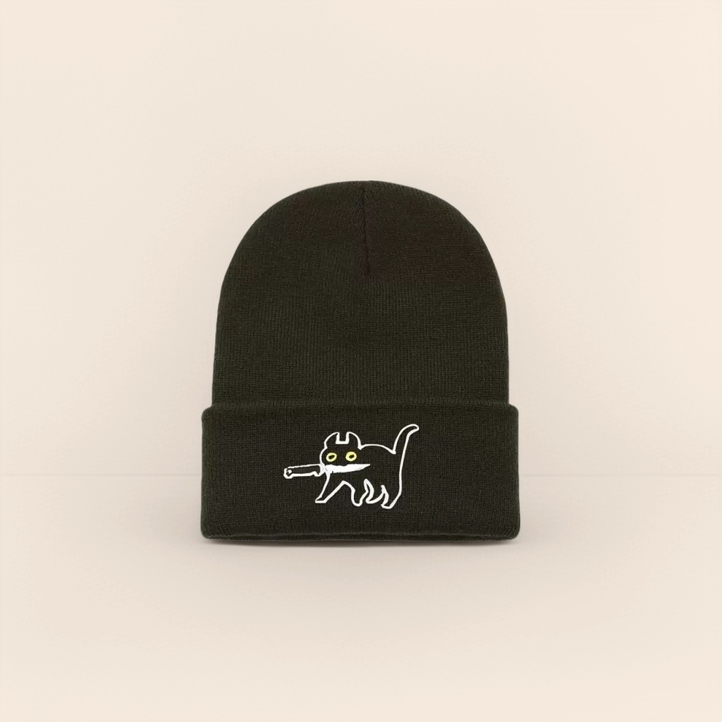 Шапка вязаная тёмно-зелёная с котом оптом из Китая — фотография 5