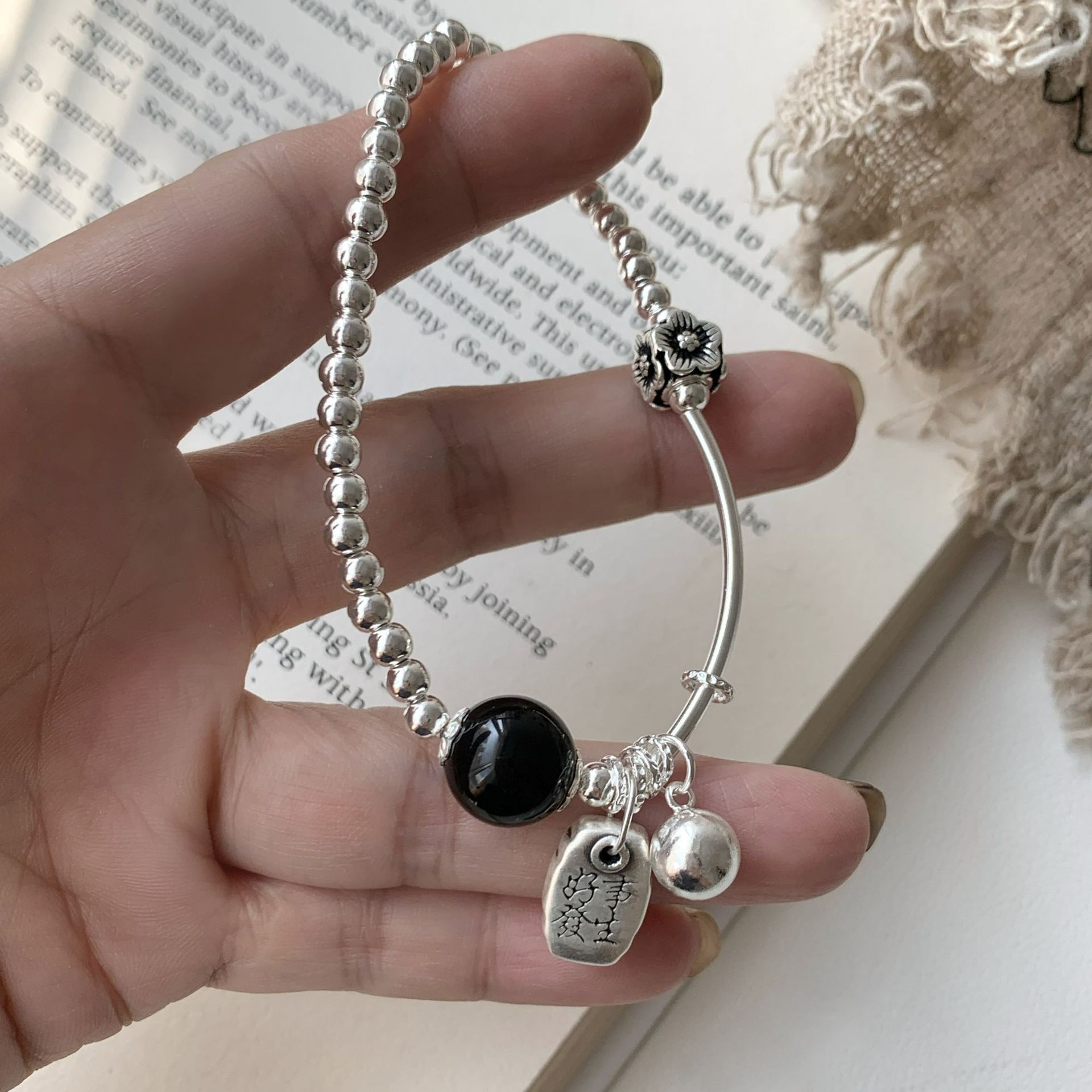 Браслет из серебра 925 с чёрным агатом оптом из Китая — фотография 4