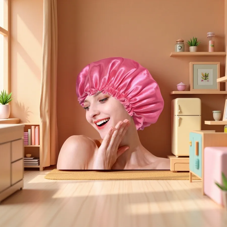 Шапочка для душа шёлковая розовая оптом из Китая — фотография 2