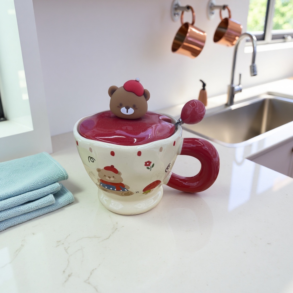 Кружка керамическая с мишкой и красной крышкой оптом из Китая — фотография 5