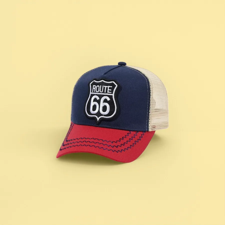 Кепка сетчатая синяя с нашивкой ROUTE 66 оптом из Китая — фотография 2