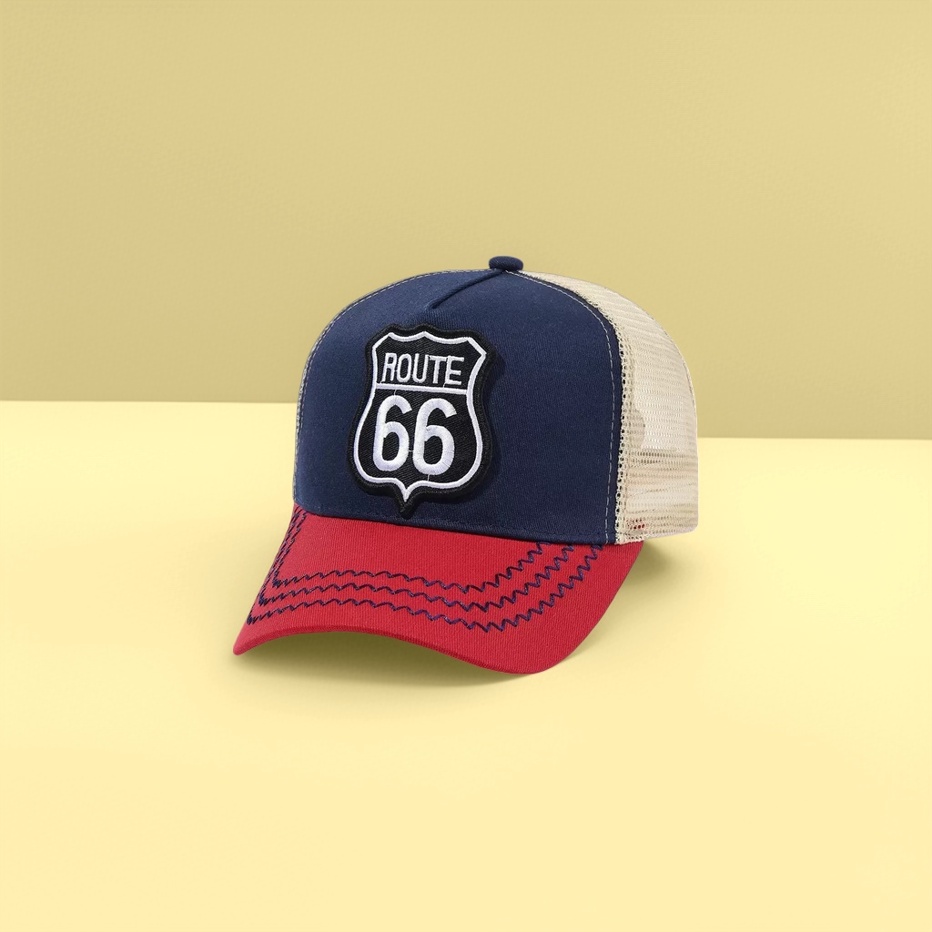 Кепка сетчатая синяя с нашивкой ROUTE 66 оптом из Китая — фотография 3
