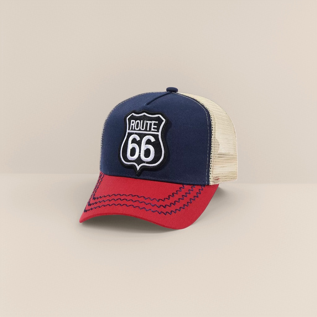 Кепка сетчатая синяя с нашивкой ROUTE 66 оптом из Китая — фотография 4