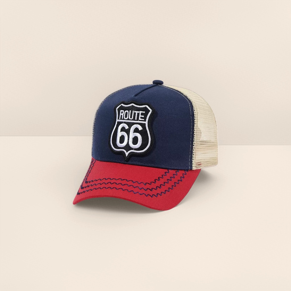 Кепка сетчатая синяя с нашивкой ROUTE 66 оптом из Китая — фотография 5