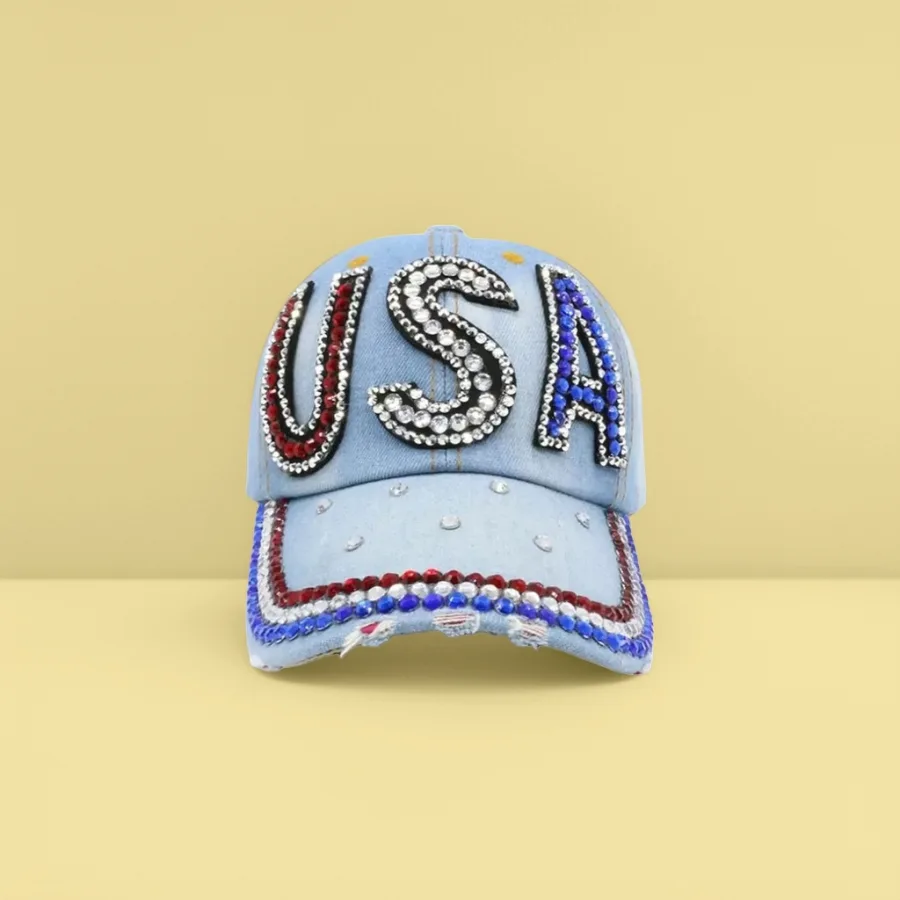 Кепка джинсовая голубая с надписью USA из страз оптом из Китая — фотография 2