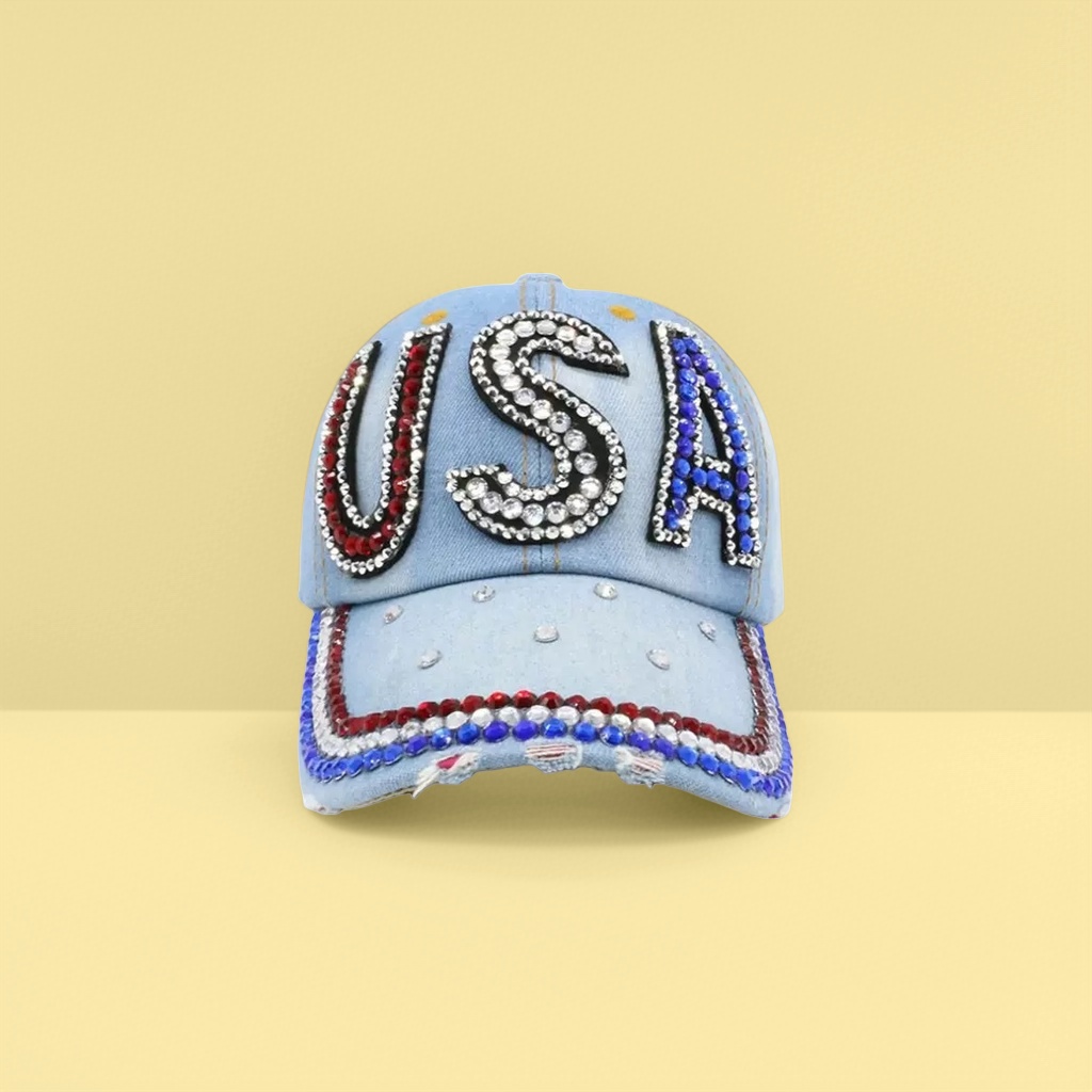 Кепка джинсовая голубая с надписью USA из страз оптом из Китая — фотография 3