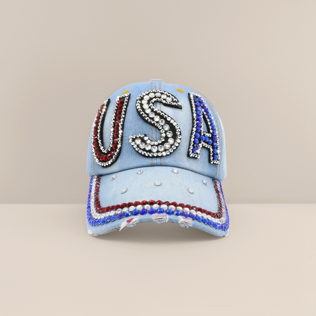 Кепка джинсовая голубая с надписью USA из страз оптом из Китая — фотография 4