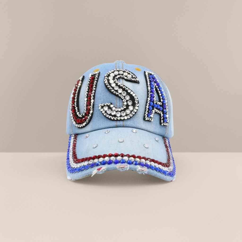 Кепка джинсовая голубая с надписью USA из страз оптом из Китая — фотография 5