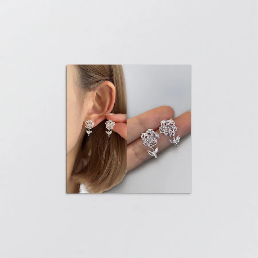 Серьги-гвоздики с розой серебристые оптом из Китая — фотография 2