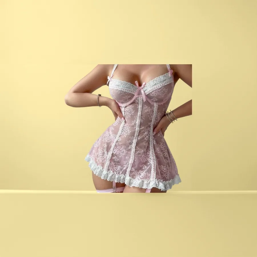 Сорочка ночная розовая кружевная на бретелях оптом из Китая — фотография 2