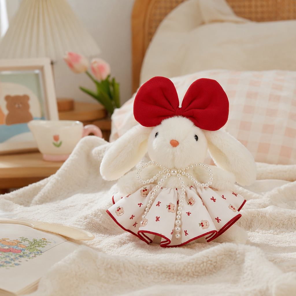 Кукла плюшевая зайка в платье с бусами оптом из Китая — фотография 3