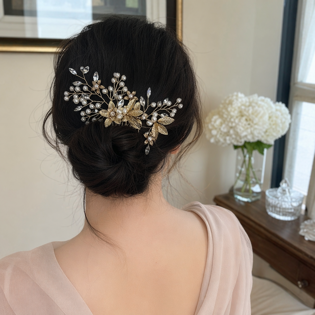 Гребень для волос с жемчугом и золотыми листьями оптом из Китая — фотография 3