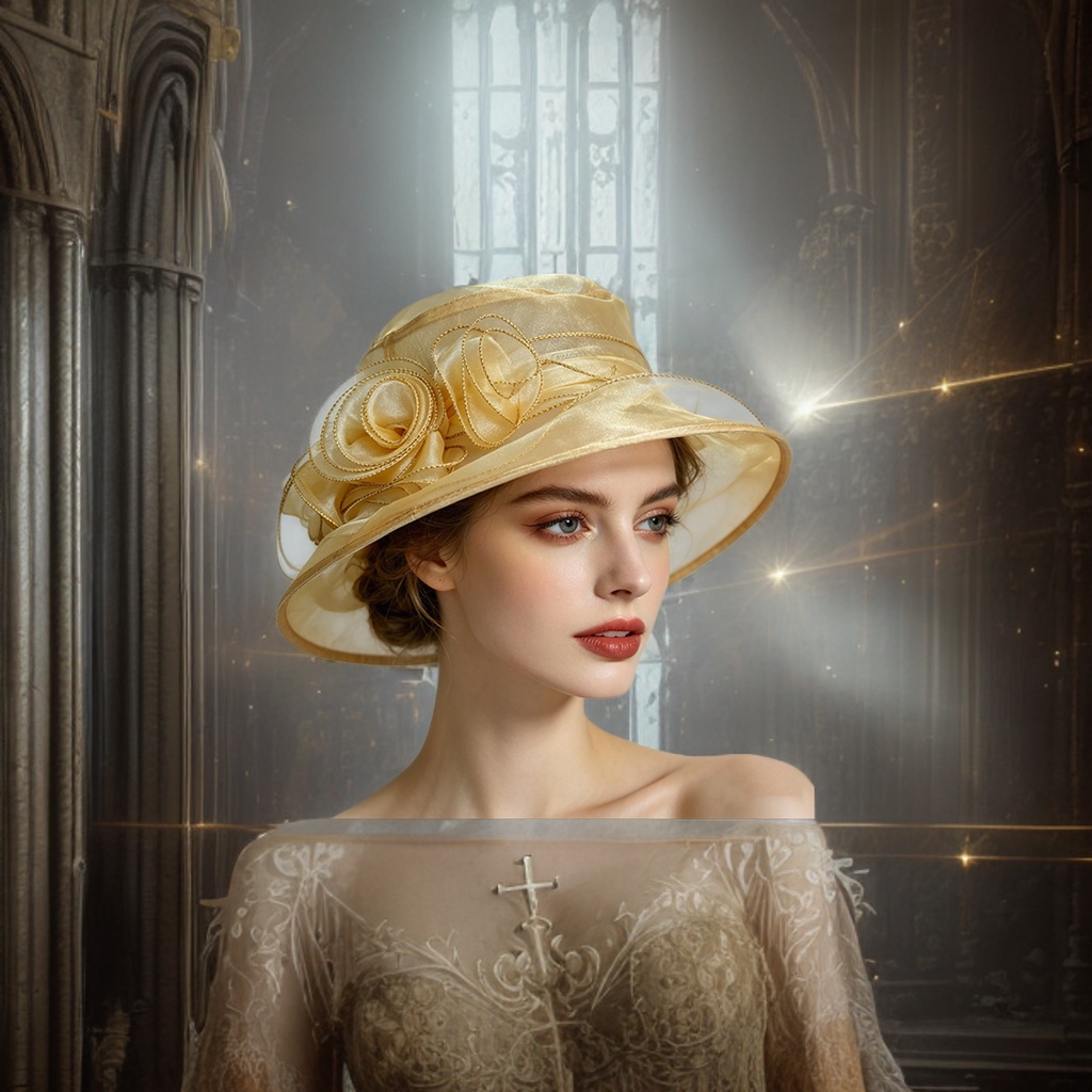 Шляпка золотистая с розами и вуалью оптом из Китая — фотография 4