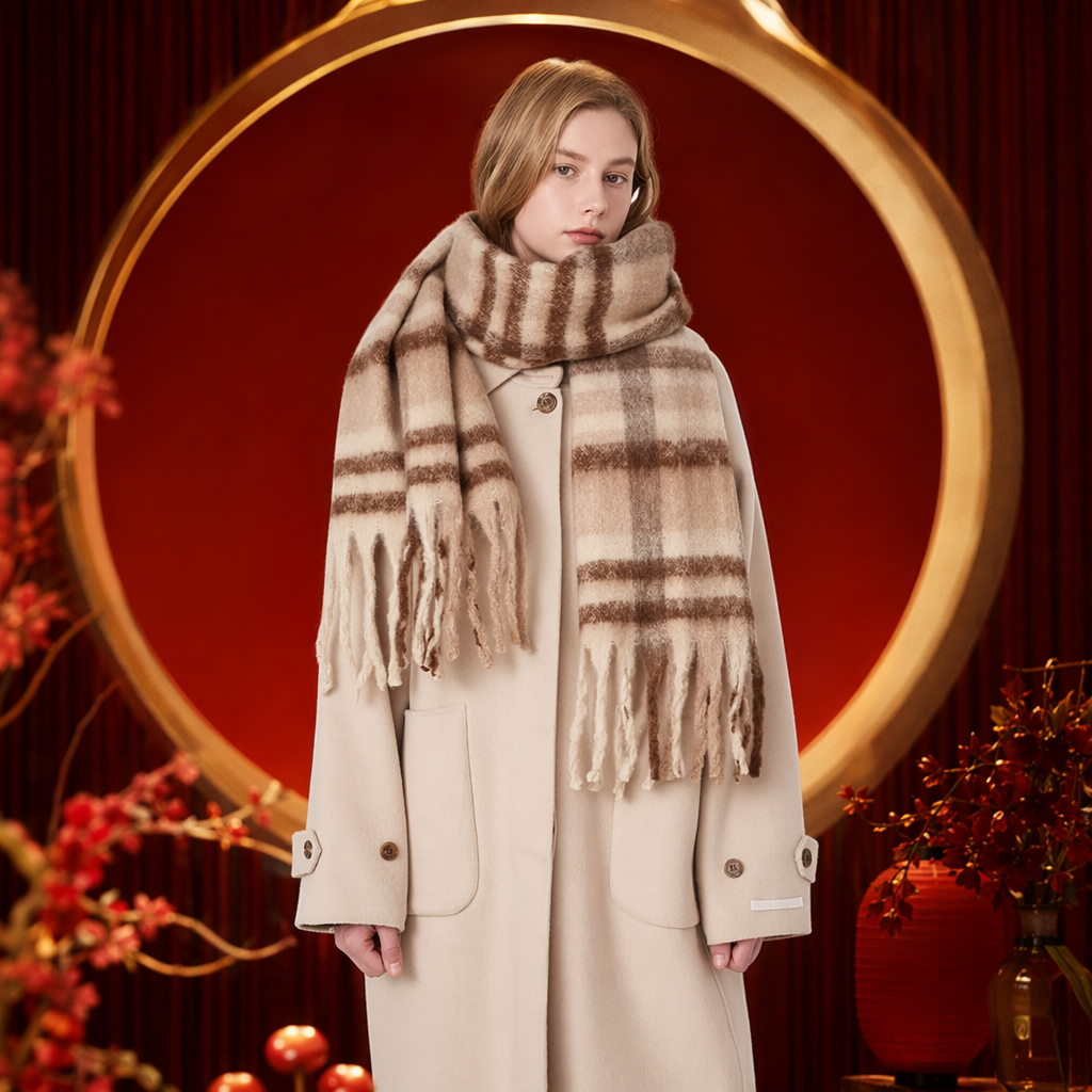 Шарф клетчатый бежево-коричневый с кистями оптом из Китая — фотография 4