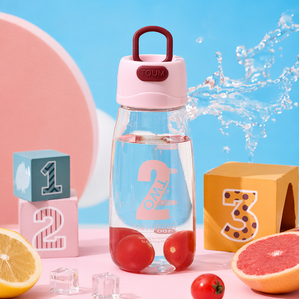 Бутылка для воды розовая с ручкой и принтом оптом из Китая — фотография 4