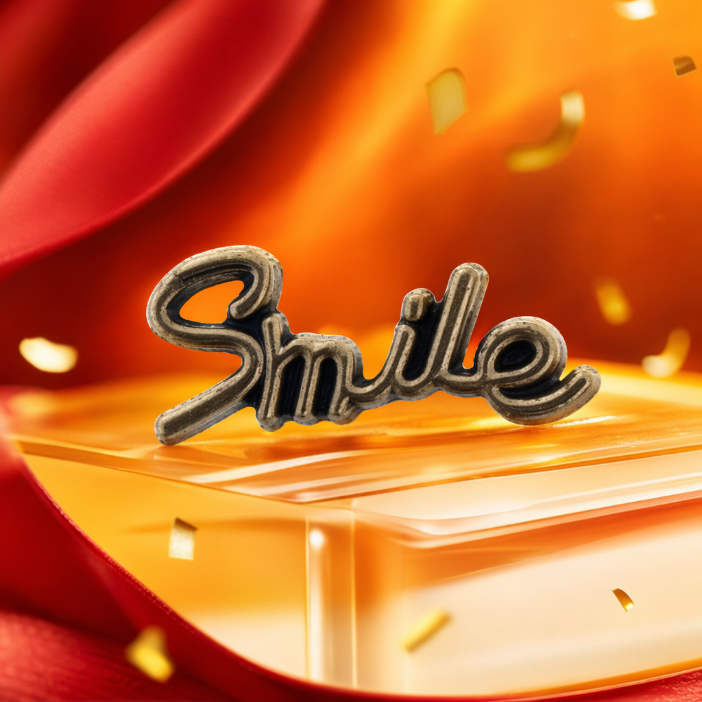 Значок-наклейка золотистый Smile на белом фоне оптом из Китая — фотография 4