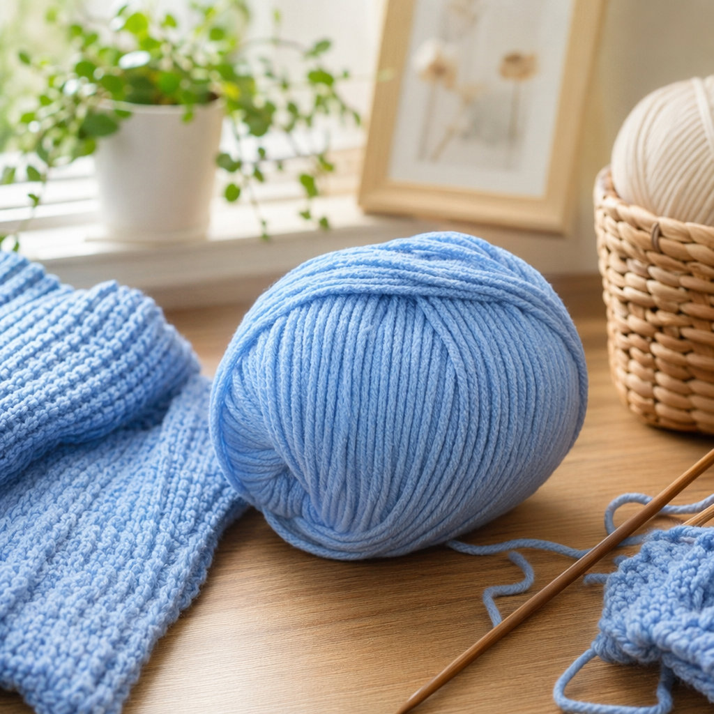 Пряжа в клубках голубая хлопок с нитроном 100 г оптом из Китая — фотография 3