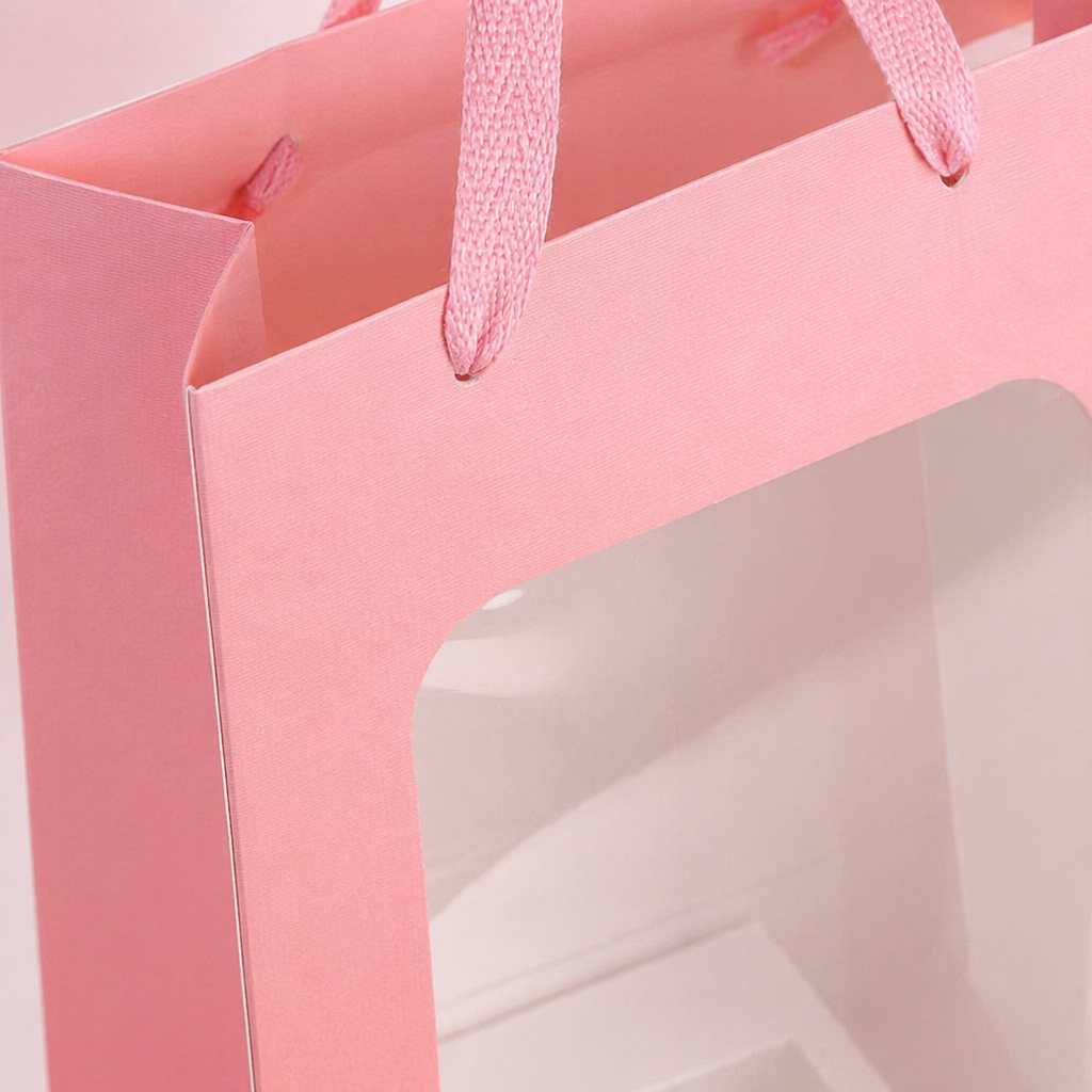 Пакет подарочный розовый бумажный с окном оптом из Китая — фотография 5