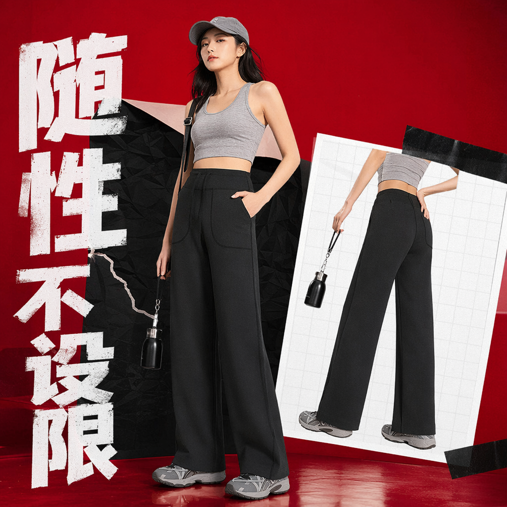 Брюки женские чёрные широкие с высокой посадкой оптом из Китая — фотография 4