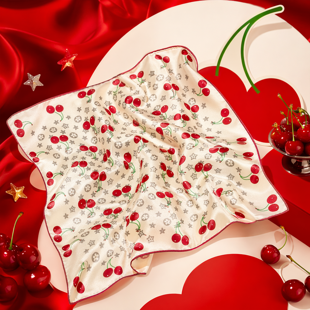 Платок квадратный с вишнёвым рисунком шёлк-шерсть оптом из Китая — фотография 4