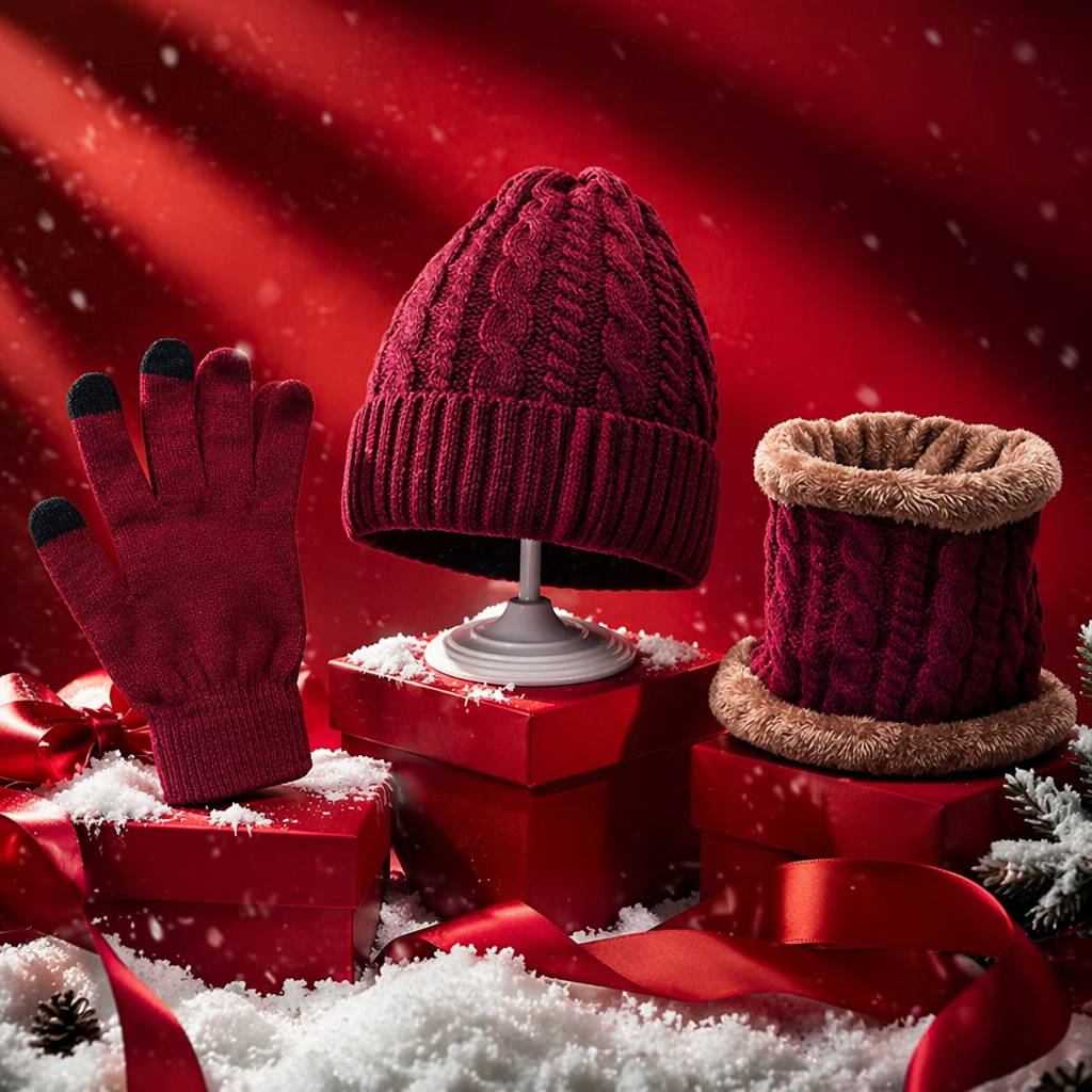 Комплект шапка перчатки шарф бордовый оптом из Китая — фотография 4