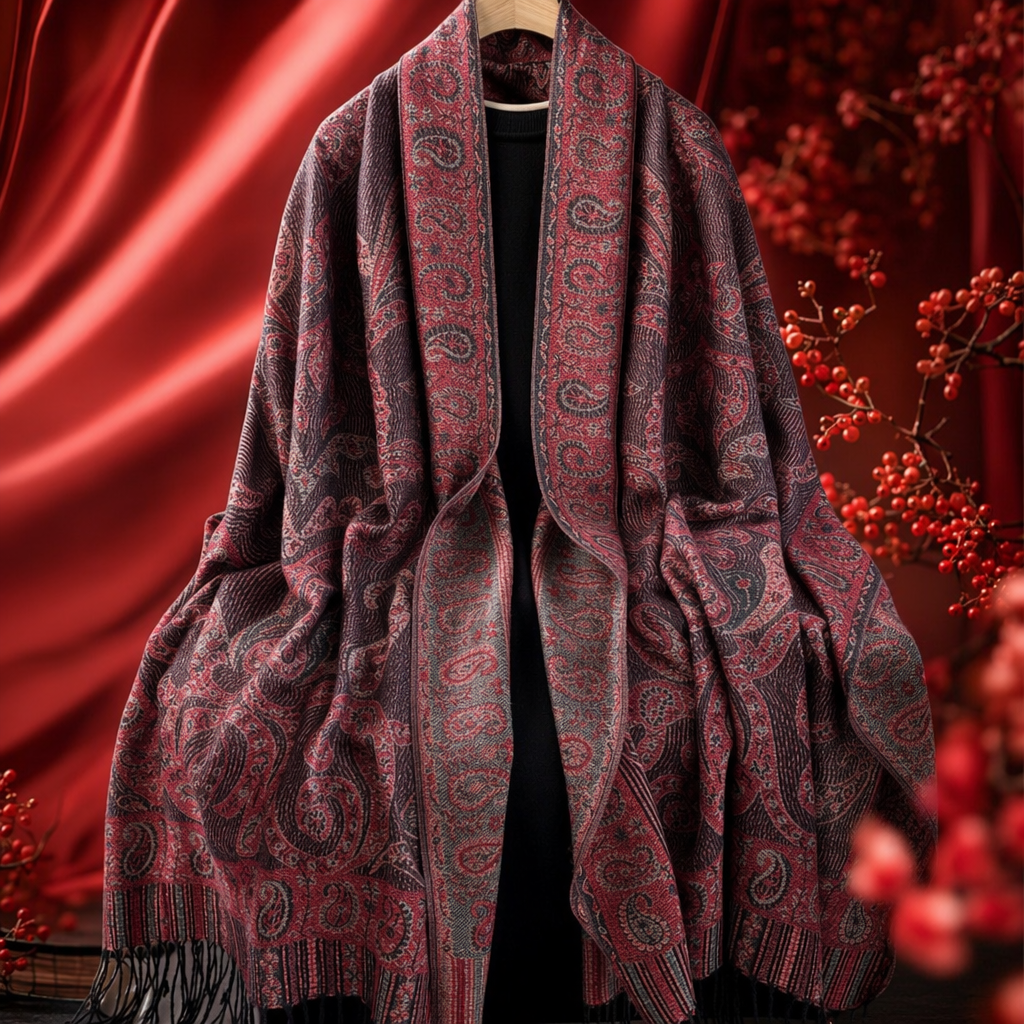 Шарф кашемировый красный с узором пейсли оптом из Китая — фотография 4