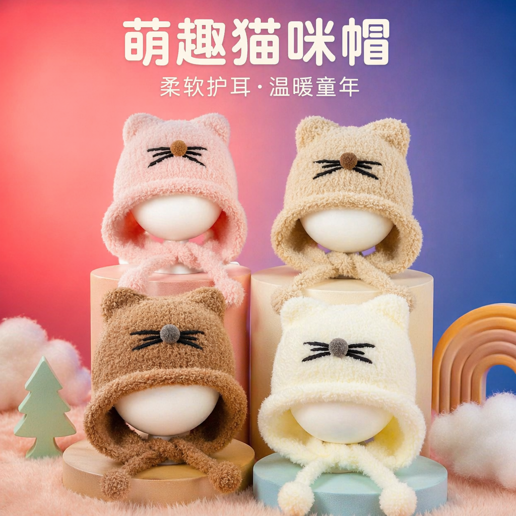 Шапка детская плюшевая с кошачьими ушками оптом из Китая — фотография 3
