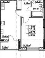 1ка, 38,69 кв.м., сайран