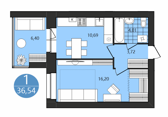 1 комн кв , 36,54 ЖК Боровики