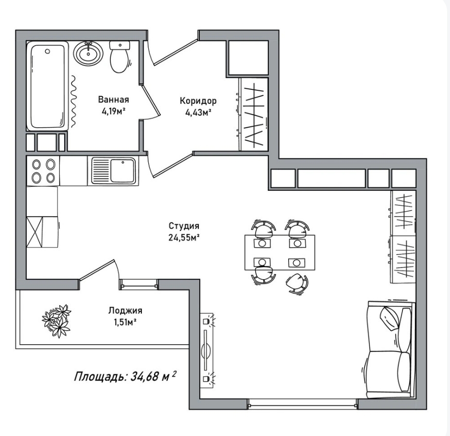 Огромная и светлая студия 34,68 м2 Фрунзенский Эко-район