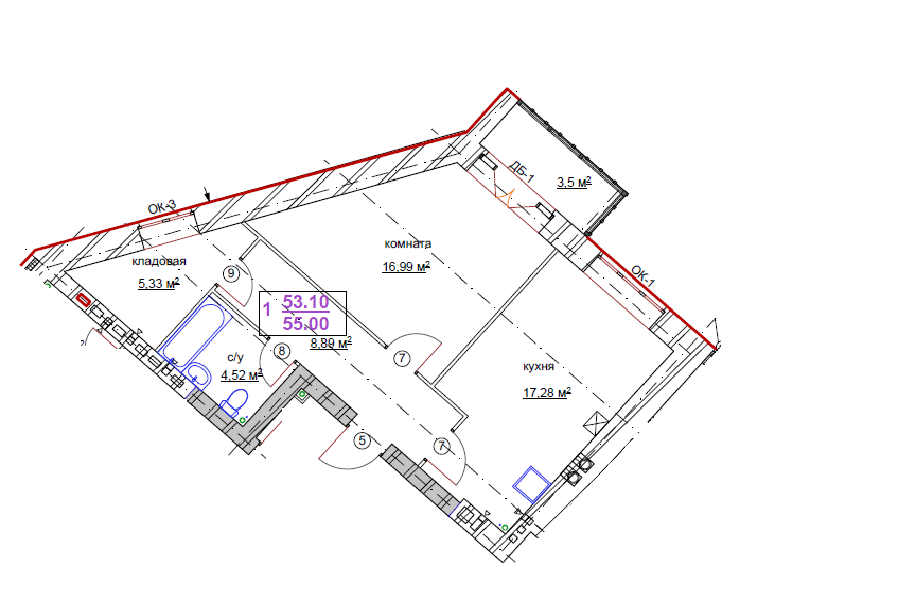 Жк Левитан 1-к 55кв.м 1/6эт
