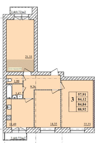 3-к квартира 85 м² в новом кирпичном доме на набережной