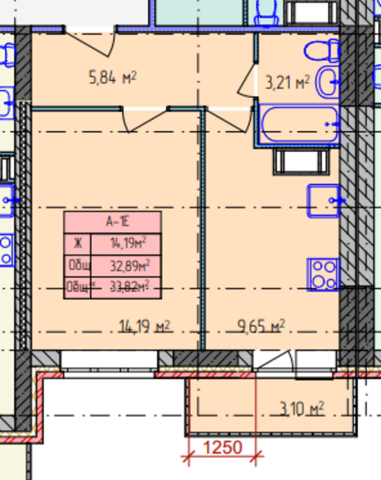 1-комнатная квартира 33,82 м² в новостройке в Дзержинском