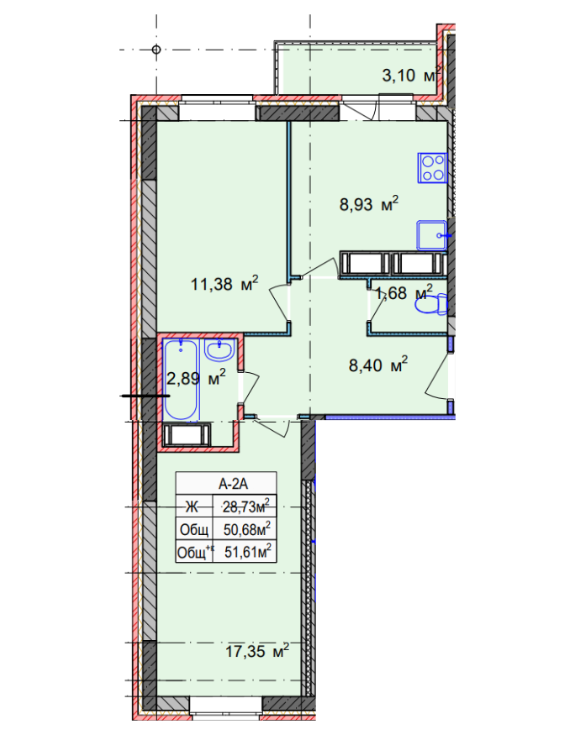 2-к квартира 52 м² в новостройке Дзержинского