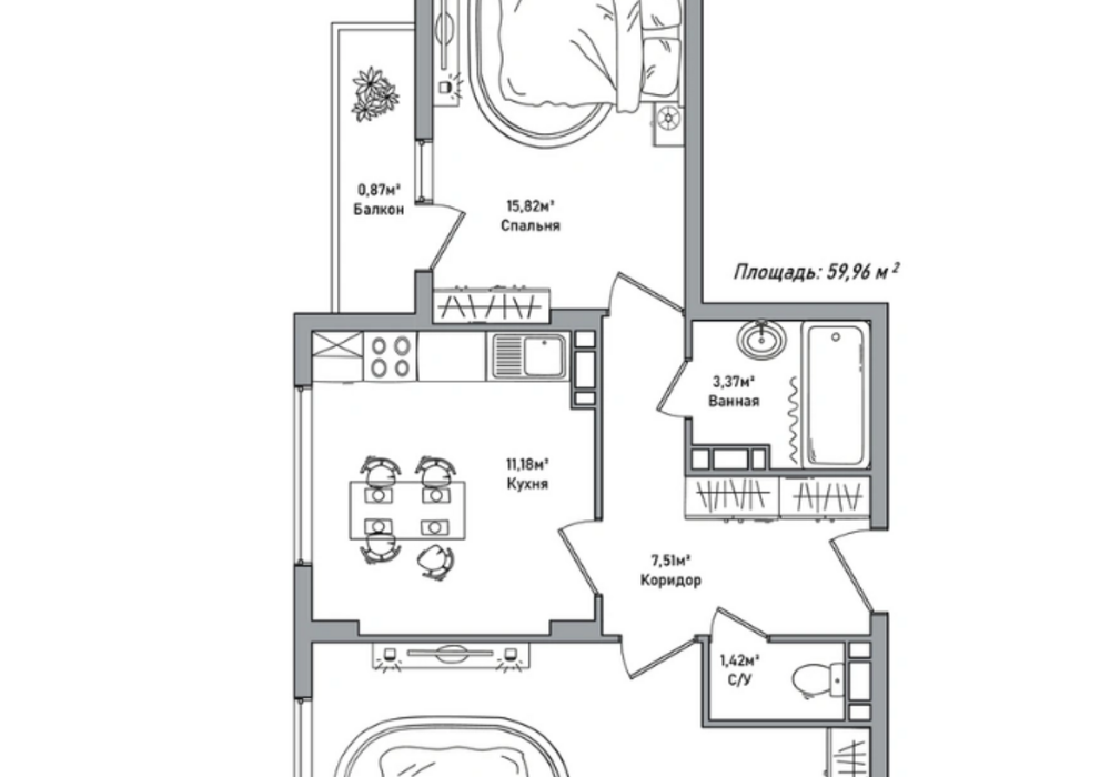 2-комнатная квартира 60м2 в ЖК Возрождение