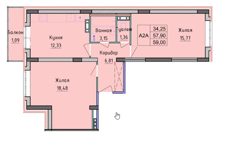 2-к. квартира, 59 м², 9/16 эт.