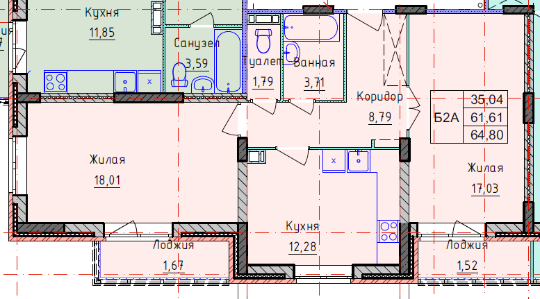 2-к. квартира, 64,9 м², 6/8 эт.