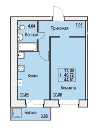 Просторная однокомнатная квартира 44,61 кв.м