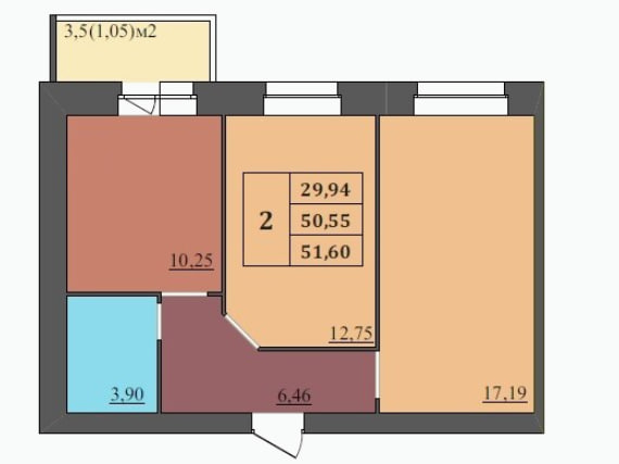 Двухкомнатная квартира 51,6 кв.м