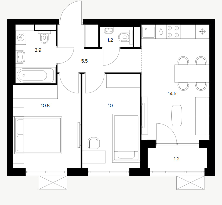 Двухкомнатная квартира 47,1 кв.м Волга Парк