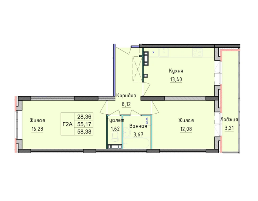 2-комн. квартира, 58.38 м2, 4/9 эт.