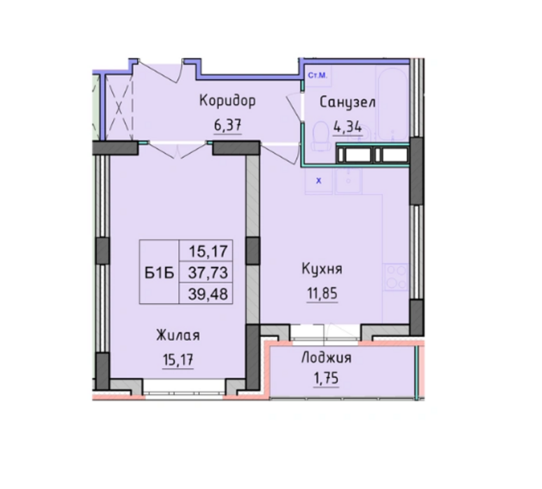 1-комн. квартира, 39.48 м2, 5/16 эт.