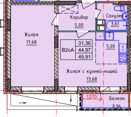 1-комн. квартира, 45.91 м2, 5/9 эт.