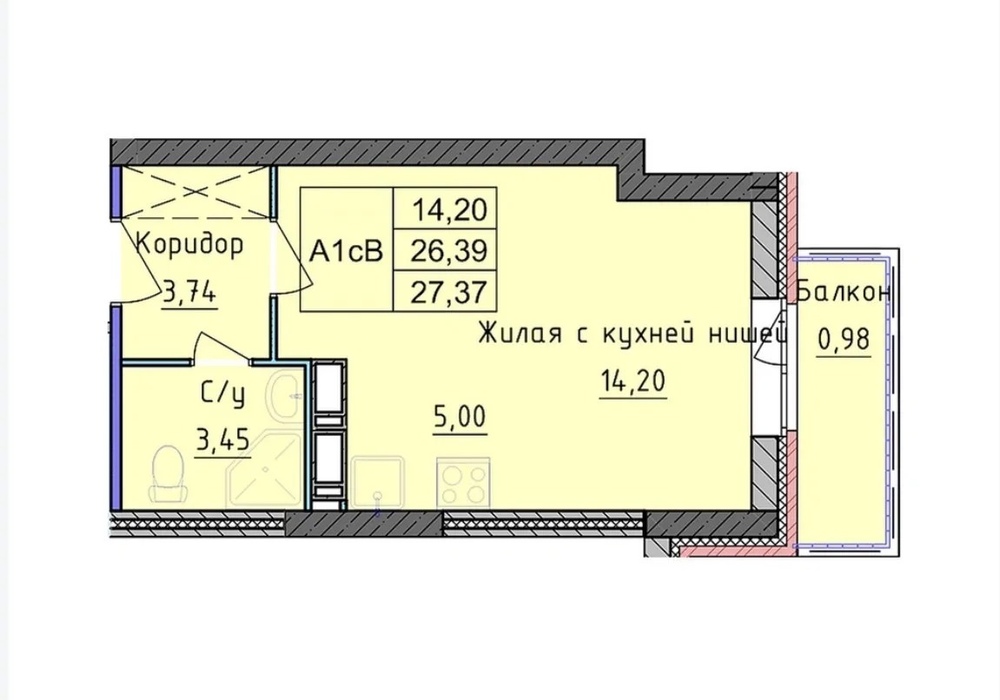 Студия, 27.37 м2, 14/18 эт.